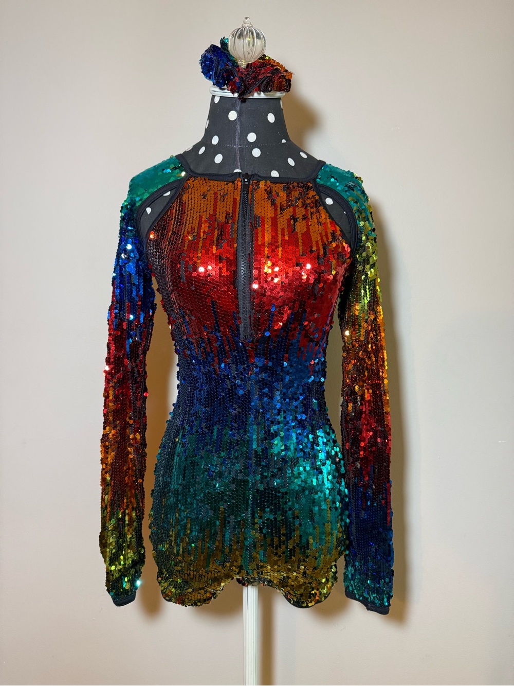 Weissman Rainbow Sequin Long-Sleeve Zip-Front Bodysuit